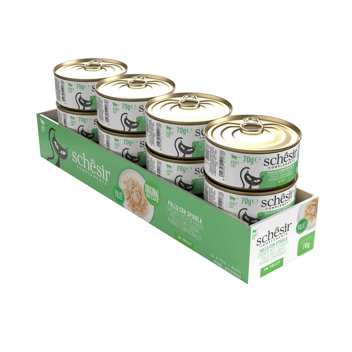 Cibo umido per gatti Schesir pollo con branzino in gelatina, lattina 70 g – immagine 2