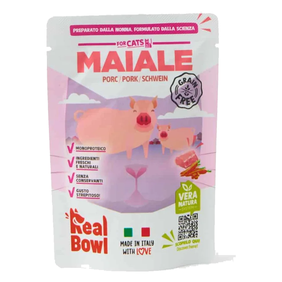 Cibo umido per gatti Real Bowl maiale fresco, 80 g