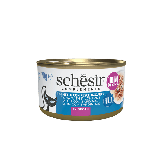 Cibo umido per gatti Schesir tonno con pesce azzurro in brodo, lattina 70 g