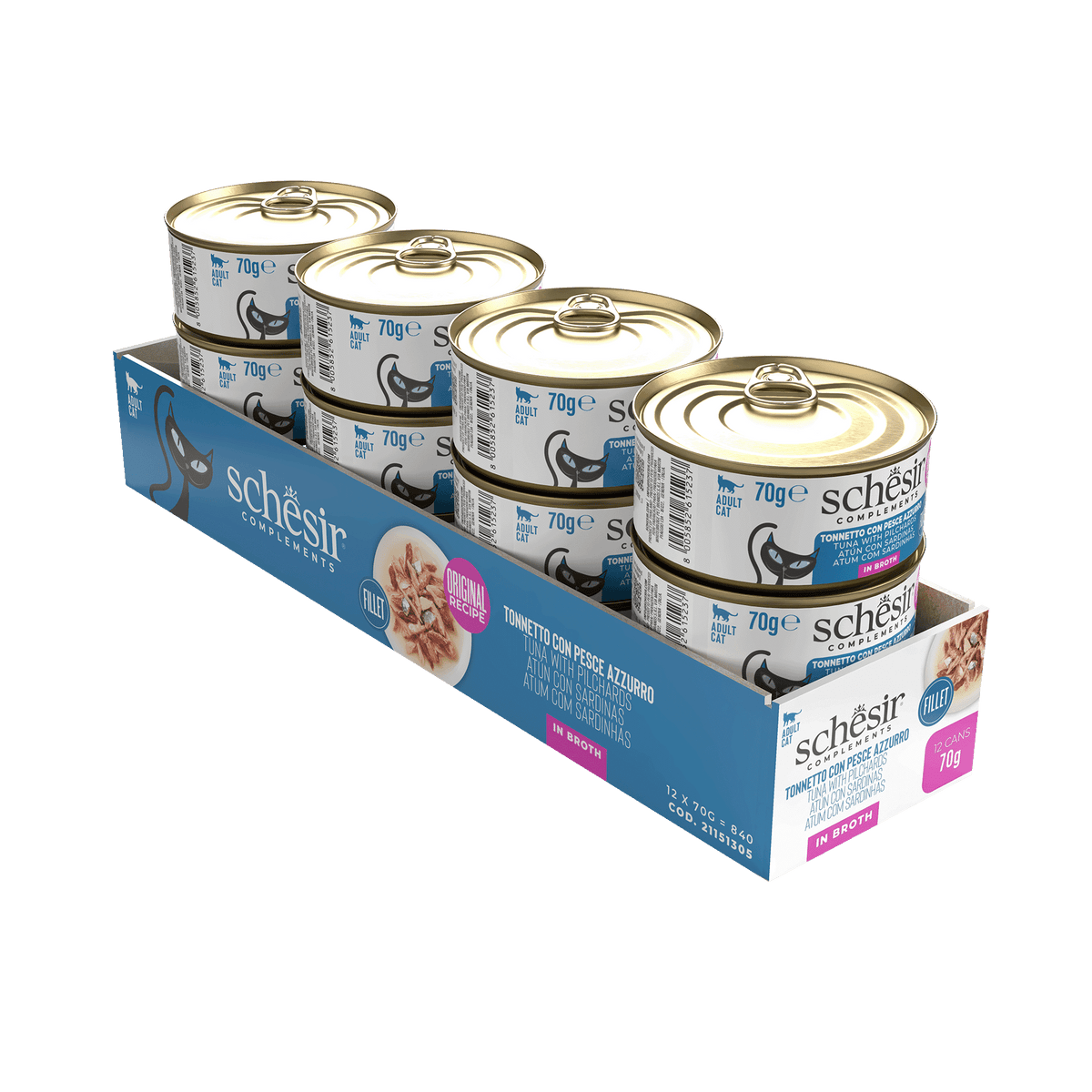 Cibo umido per gatti Schesir tonno con pesce azzurro in brodo, lattina 70 g – immagine 2