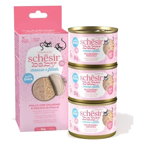 Schesir Baby mousse con filetti di pollo, salmone e fegato per gattini, 3 × 55 g