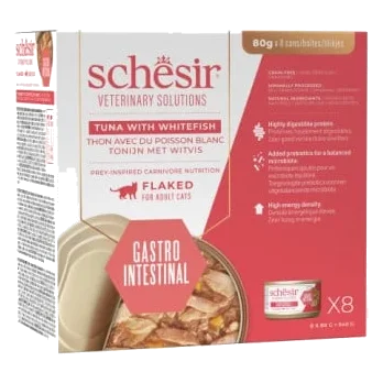Cibo umido per gatti Schesir Gastrointestinal sminuzzato tonno con pesce bianco