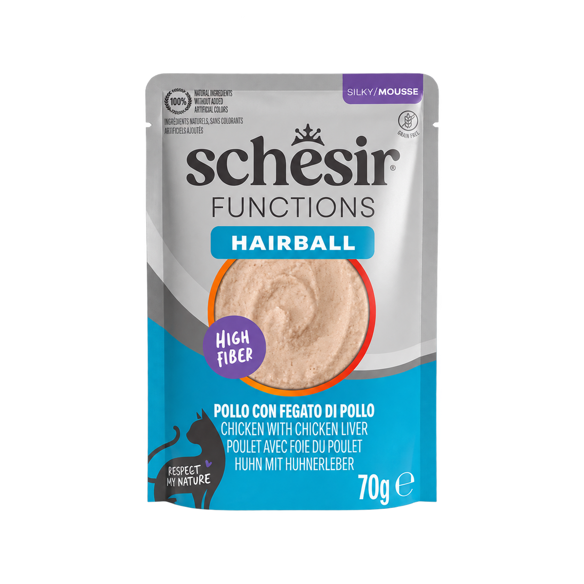 Cibo umido per gatti Schesir Functions Hairball pollo, 70 g