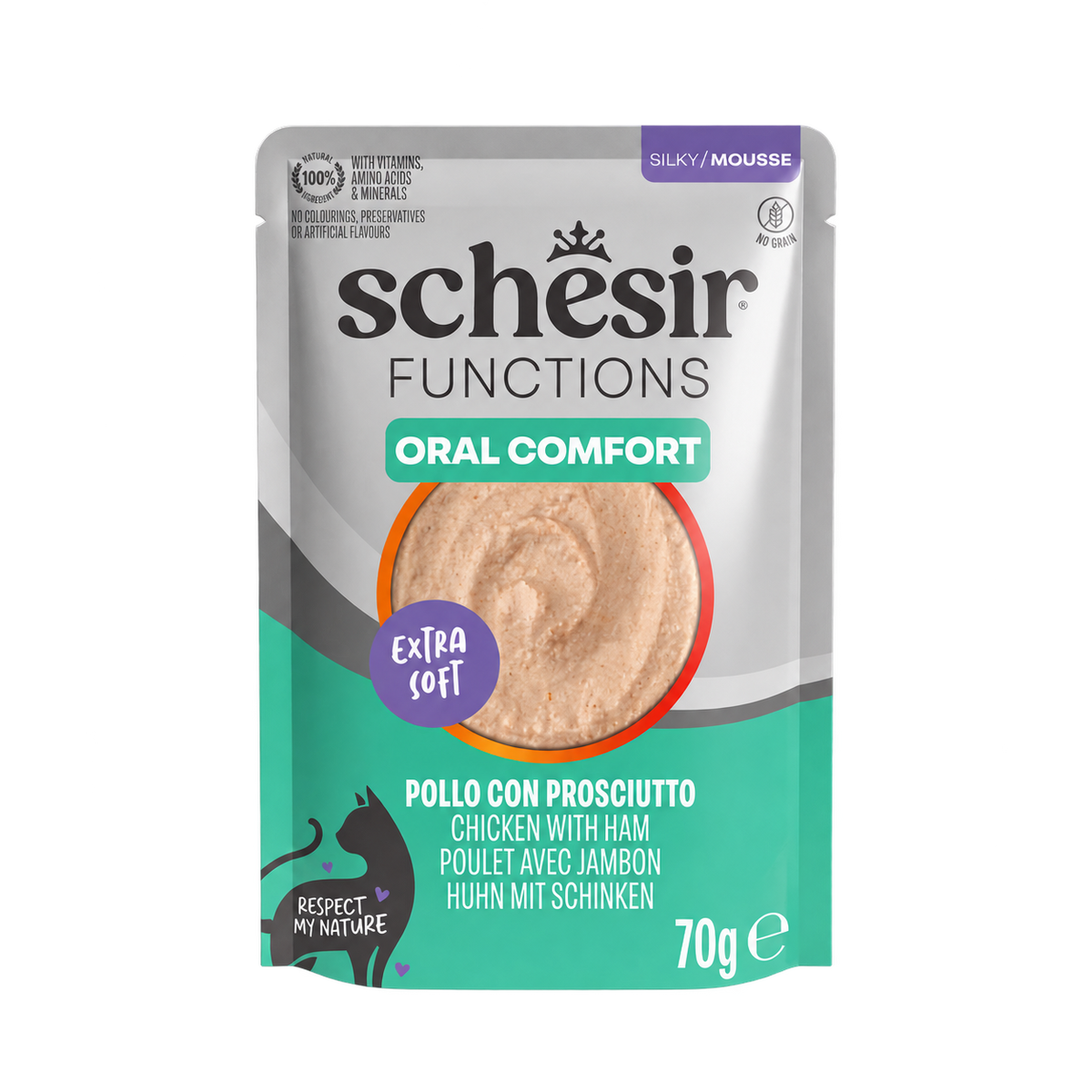 Cibo umido per gatti Schesir Functions Oral Comfort pollo con prosciutto, 70 g