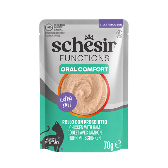 Cibo umido per gatti Schesir Functions Oral Comfort pollo con prosciutto, 70 g