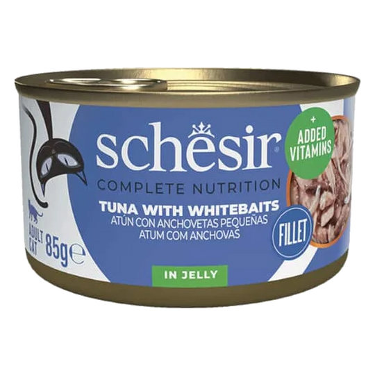 Cibo umido per gatti Schesir tonno con piccole acciughe, lattina 85 g