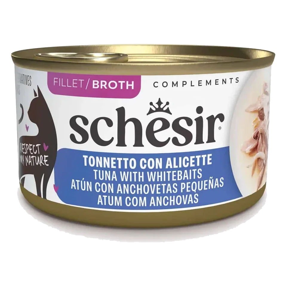 Cibo umido per gatti Schesir tonno con piccole acciughe in brodo, lattina 70 g