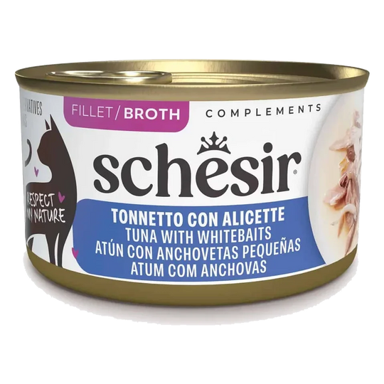 Cibo umido per gatti Schesir tonno con piccole acciughe in brodo, lattina 70 g