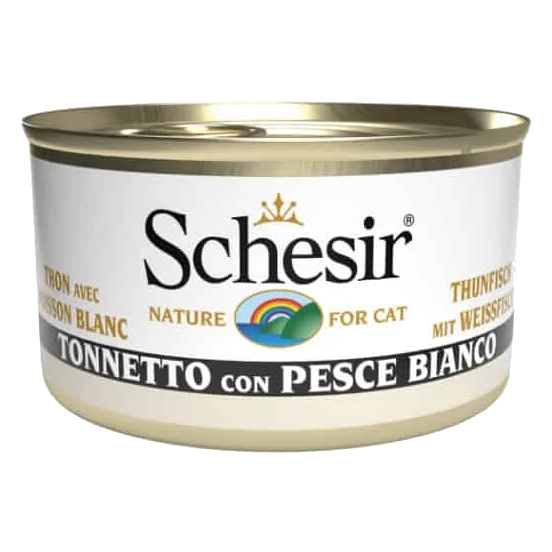 Cibo umido per gatti Schesir tonno con pesce bianco in gelatina, lattina 85 g