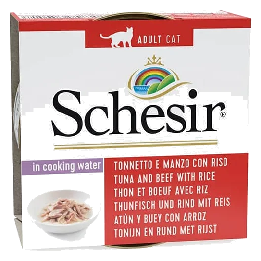 Cibo umido per gatti Schesir tonno e manzo con riso al naturale, lattina 85 g