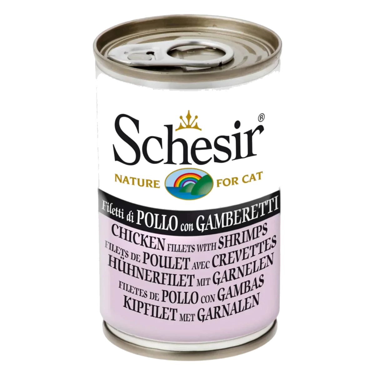 Cibo umido per gatti Schesir filetti di pollo con gamberetti, lattina 140 g