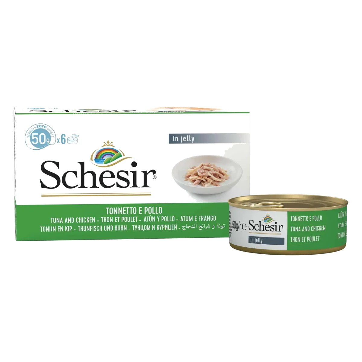 Cibo umido per gatti Schesir tonno e filetti di pollo, 6 × 50 g, multipack