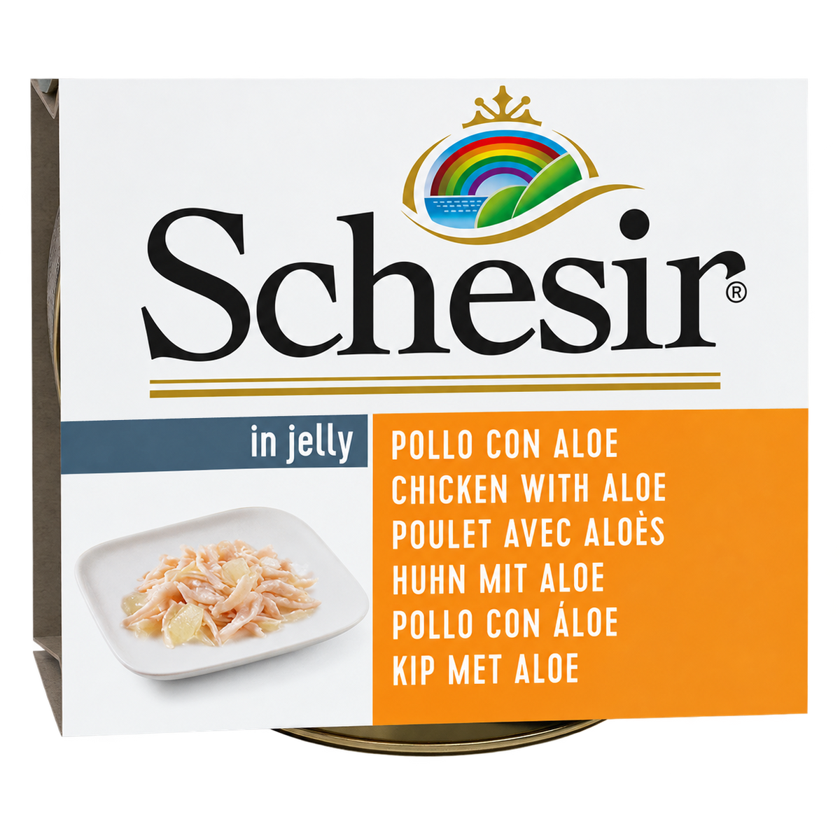 Dettaglio dell'etichetta pollo e aloe della confezione Schesir per cani
