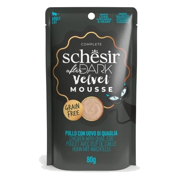 Cibo umido per gatti Schesir After Dark Velvet pollo con uovo di quaglia, busta 80 g