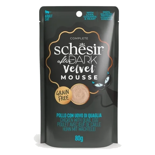 Cibo umido per gatti Schesir After Dark Velvet pollo con uovo di quaglia, busta 80 g