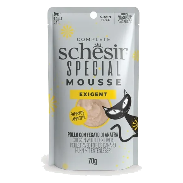 Cibo umido per gatti Schesir mousse Exigent pollo con fegato d'anatra