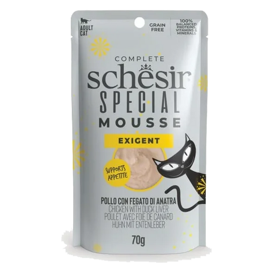 Cibo umido per gatti Schesir mousse Exigent pollo con fegato d'anatra