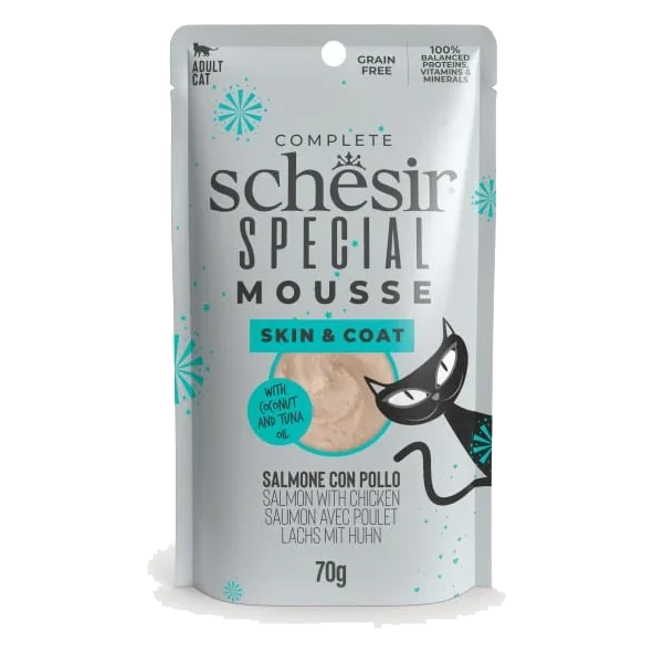 Cibo umido per gatti Schesir mousse pelle e pelo salmone con pollo