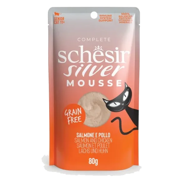 Cibo umido per gatti Schesir Silver mousse salmone con pollo, busta 80 g