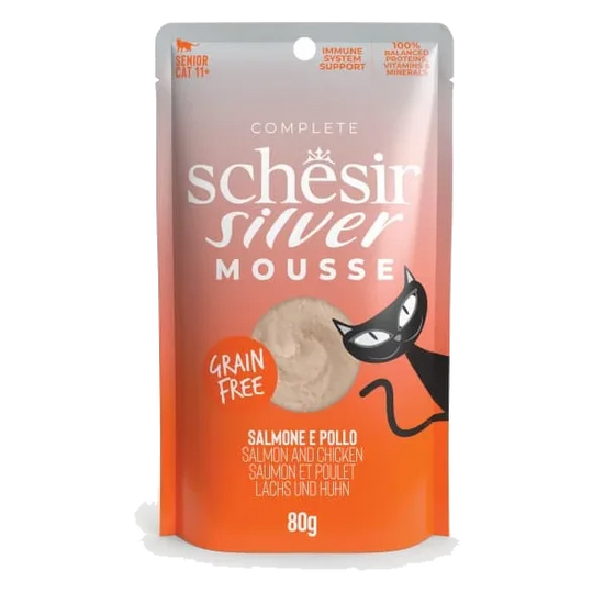 Cibo umido per gatti Schesir Silver mousse salmone con pollo, busta 80 g