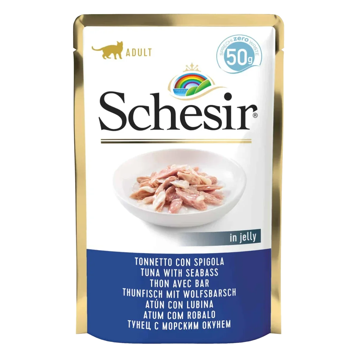 Cibo umido per gatti Schesir tonno con branzino, busta 50 g