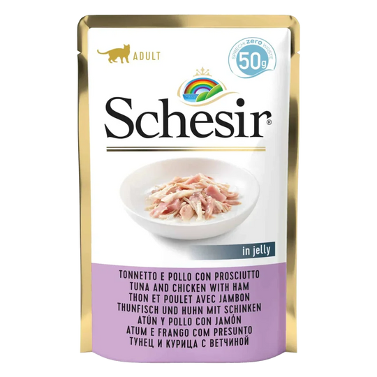 Cibo umido per gatti Schesir tonno con pollo e prosciutto, busta 50 g