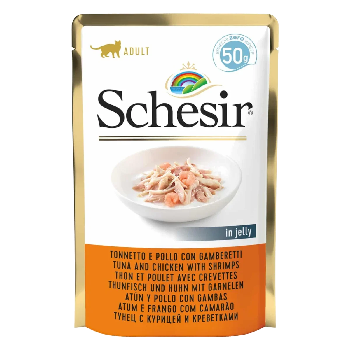 Cibo umido per gatti Schesir tonno e pollo con gamberetti, busta 50 g