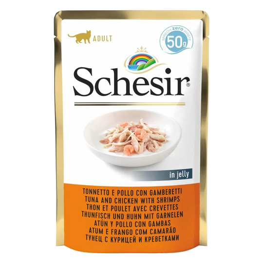 Cibo umido per gatti Schesir tonno e pollo con gamberetti, busta 50 g