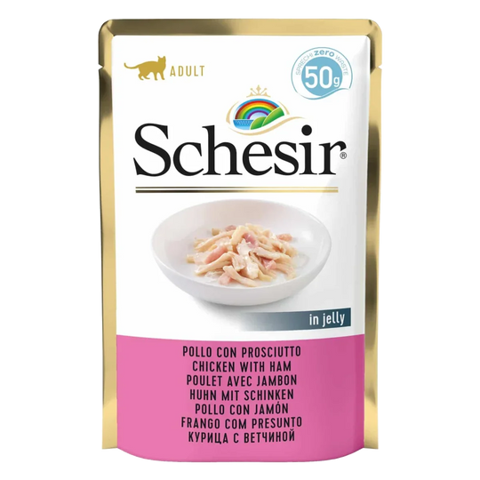 Cibo umido per gatti Schesir pollo con prosciutto, busta 50 g