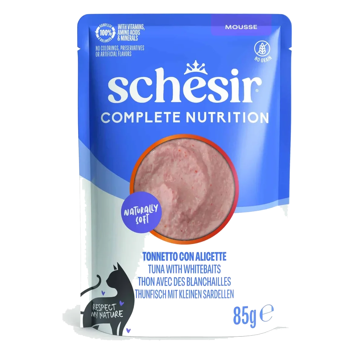Cibo umido per gatti Schesir mousse tonno con acciughe, busta 85 g