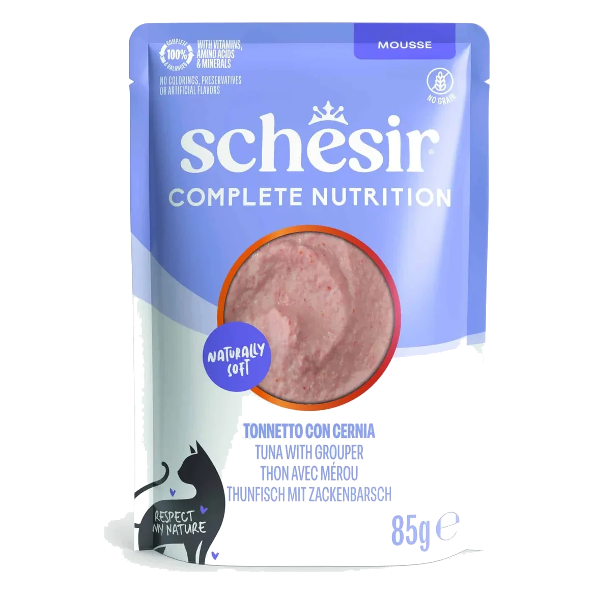 Cibo umido per gatti Schesir mousse tonno con cernia, busta 85 g
