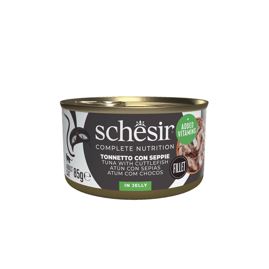 Cibo umido per gatti Schesir tonno con seppia, lattina 85 g