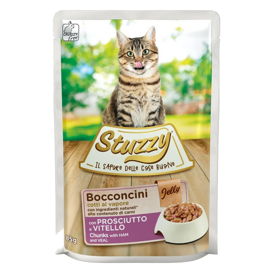 Cibo umido per gatti Stuzzy Cat prosciutto e vitello, busta 85 g