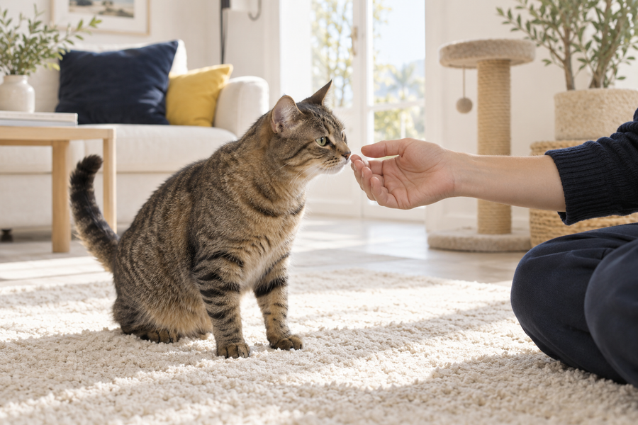Illustrazione di un gatto che conosce con calma una persona a casa