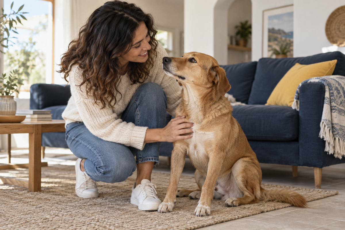 Illustrazione di una persona e un cane che condividono un momento tranquillo a casa